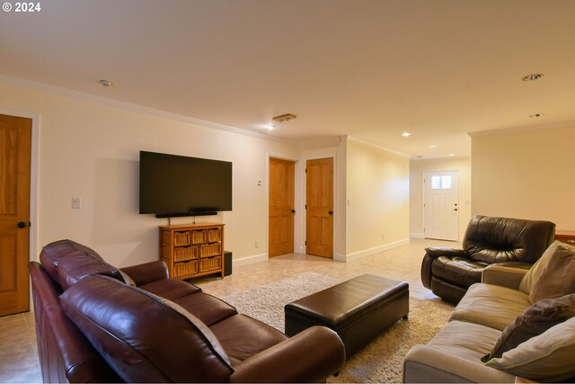 tiled living room with ornamental molding