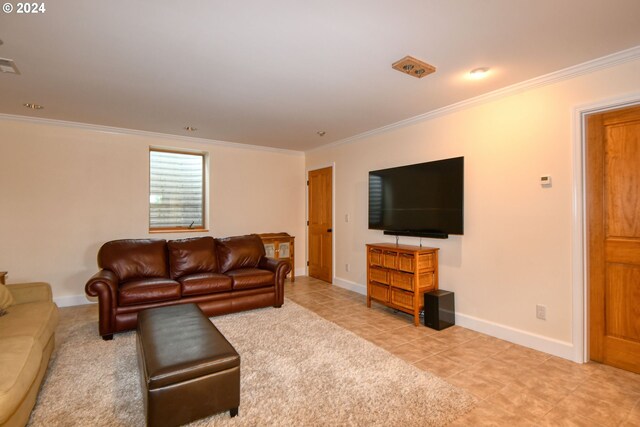 living room featuring tile flooring and ornamental molding