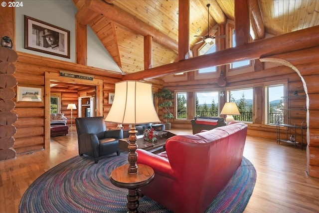 living room with high vaulted ceiling, log walls, beam ceiling, and hardwood / wood-style floors