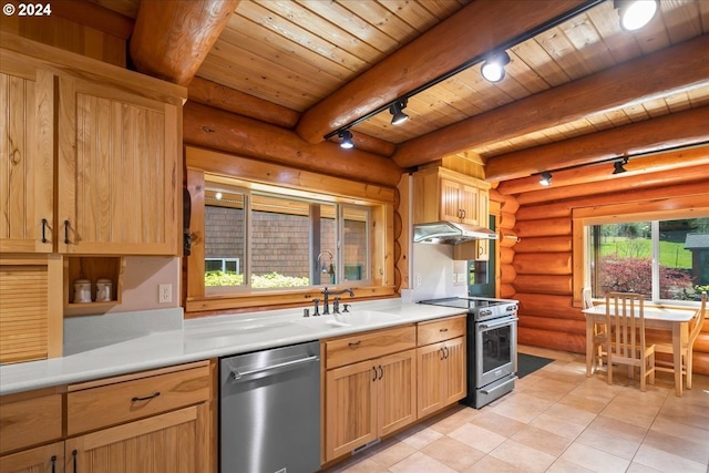 kitchen with wood ceiling, appliances with stainless steel finishes, log walls, and beamed ceiling