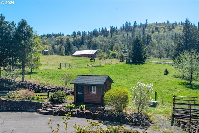 view of yard with a rural view and a storage unit