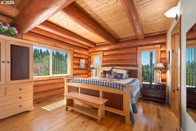 bedroom with hardwood / wood-style floors, log walls, beamed ceiling, and wood ceiling