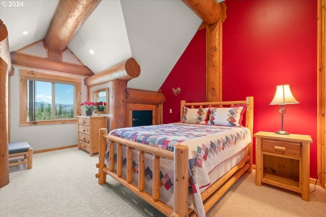 bedroom featuring lofted ceiling with beams and carpet flooring