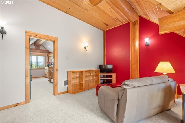 carpeted living room featuring wooden ceiling and lofted ceiling