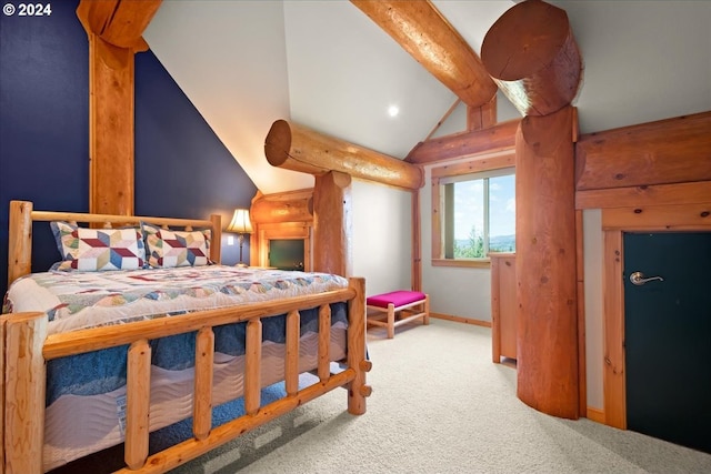 carpeted bedroom with lofted ceiling with beams