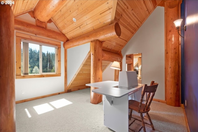 carpeted dining room with wood ceiling and vaulted ceiling with beams