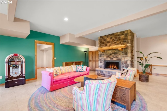 living room featuring tile floors and a fireplace