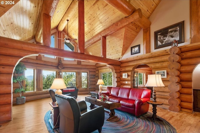 living room featuring beamed ceiling, high vaulted ceiling, wooden ceiling, log walls, and light hardwood / wood-style floors