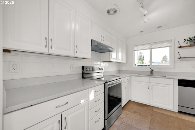 kitchen with sink, stainless steel appliances, white cabinets, and tasteful backsplash