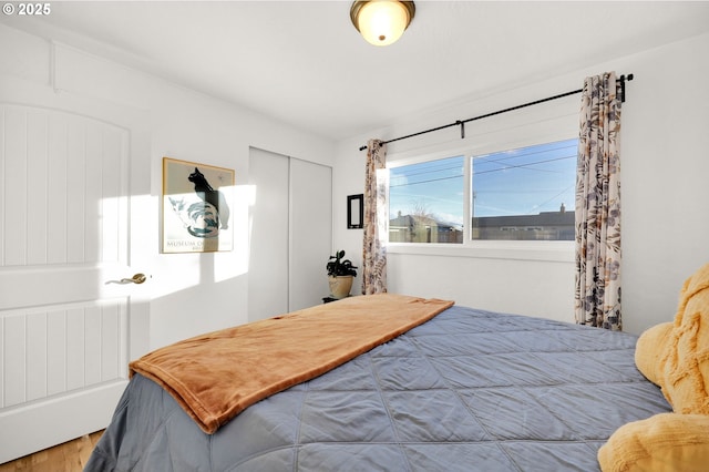 bedroom with wood-type flooring and a closet