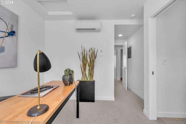 carpeted home office featuring a wall mounted air conditioner