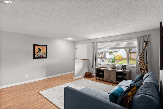 living room with a textured ceiling and light hardwood / wood-style floors