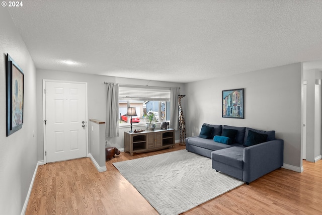 living room featuring light hardwood / wood-style floors and a textured ceiling