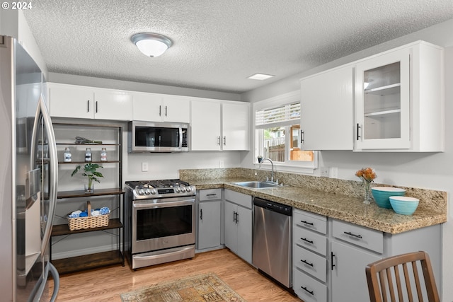 kitchen with white cabinets, sink, light wood-type flooring, and stainless steel appliances