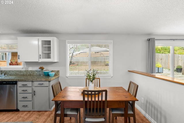 dining room featuring plenty of natural light, light hardwood / wood-style floors, and a textured ceiling