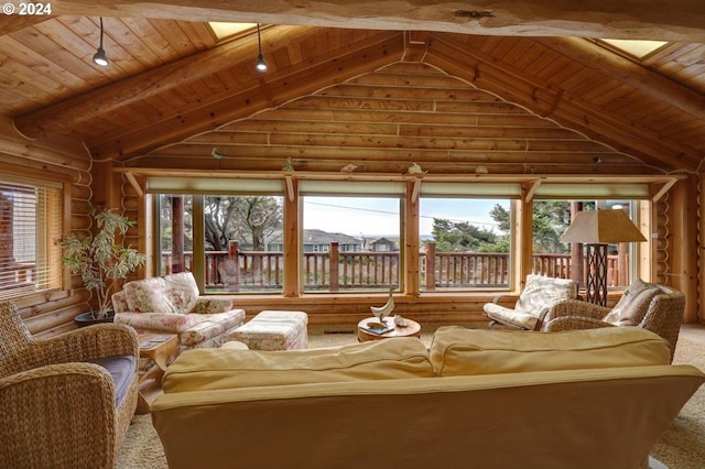 living room with log walls, wood ceiling, and lofted ceiling with skylight