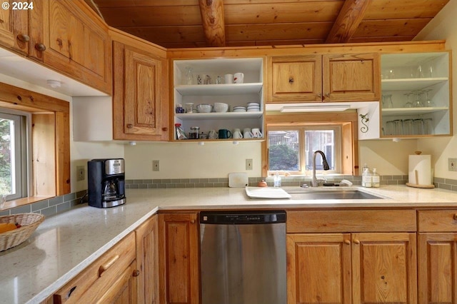 kitchen featuring dishwasher, wood ceiling, beam ceiling, and sink