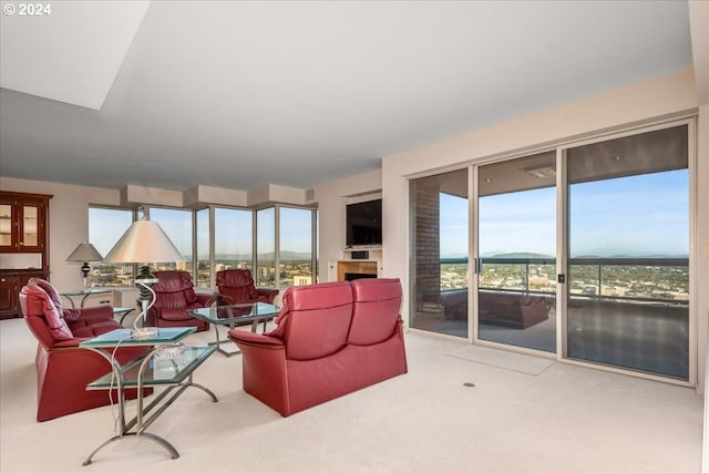 living room featuring light carpet