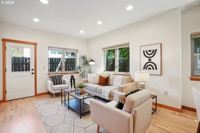 living room with light hardwood / wood-style floors and a healthy amount of sunlight