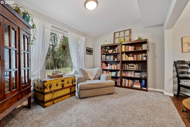 living area with lofted ceiling and hardwood / wood-style floors