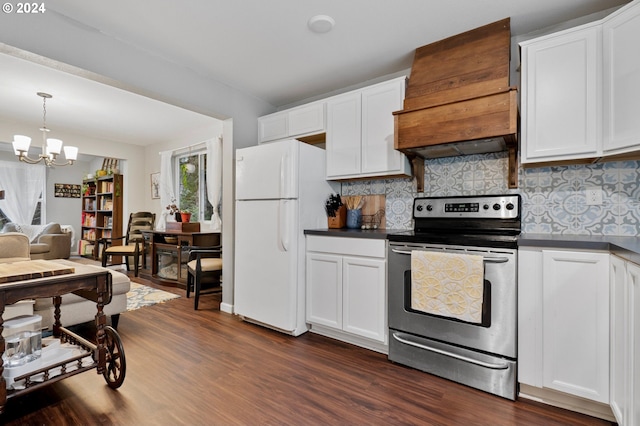 kitchen featuring a notable chandelier, white fridge, stainless steel electric range, decorative light fixtures, and dark hardwood / wood-style floors