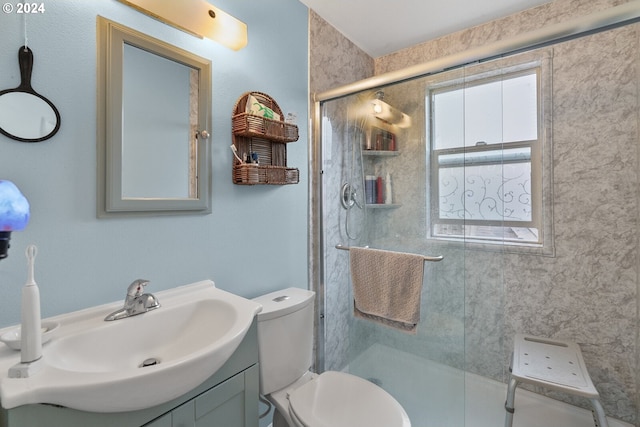 bathroom with vanity, toilet, and an enclosed shower