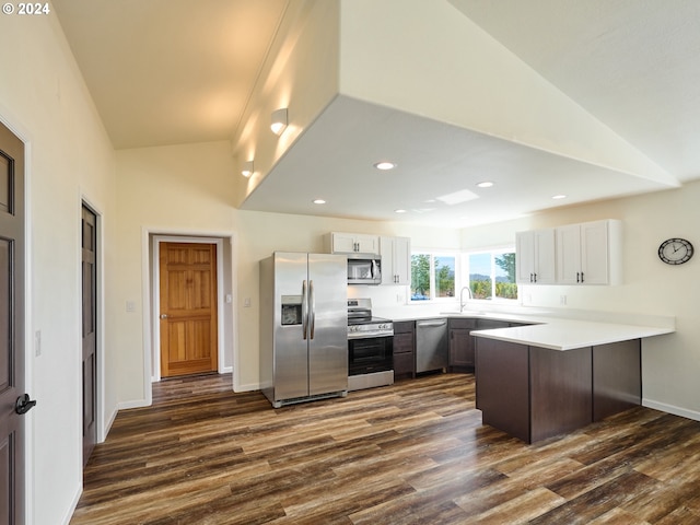 kitchen with white cabinets, lofted ceiling, appliances with stainless steel finishes, and dark hardwood / wood-style floors