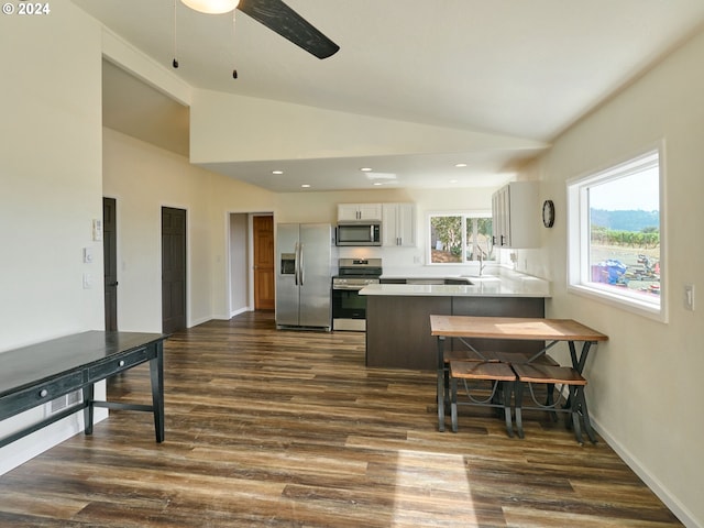 kitchen with vaulted ceiling, white cabinets, kitchen peninsula, stainless steel appliances, and dark hardwood / wood-style floors