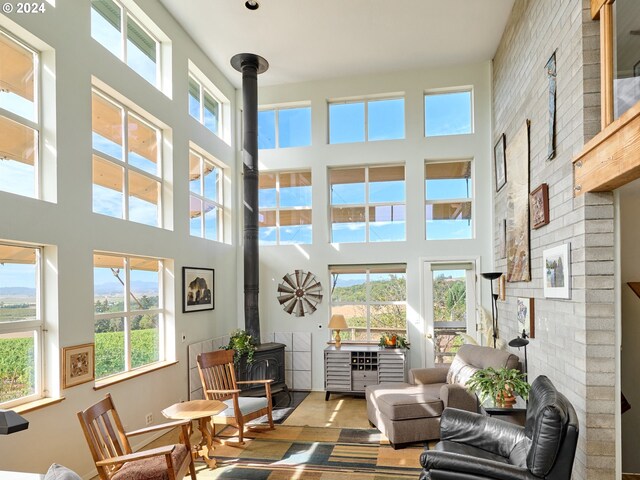 living room featuring hardwood / wood-style flooring, a towering ceiling, a wood stove, and a wealth of natural light