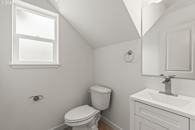 bathroom with vaulted ceiling, toilet, and large vanity