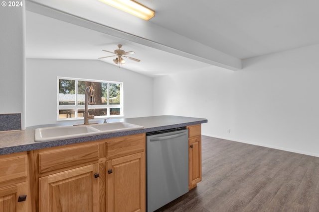 kitchen featuring ceiling fan, dark hardwood / wood-style flooring, dishwasher, sink, and lofted ceiling with beams