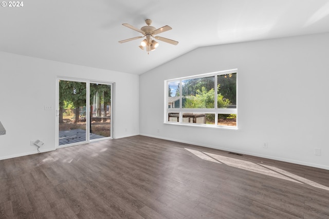 unfurnished room featuring hardwood / wood-style floors, ceiling fan, and lofted ceiling