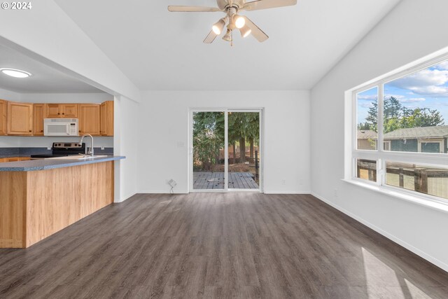 kitchen with ceiling fan, a wealth of natural light, vaulted ceiling, and dark wood-type flooring