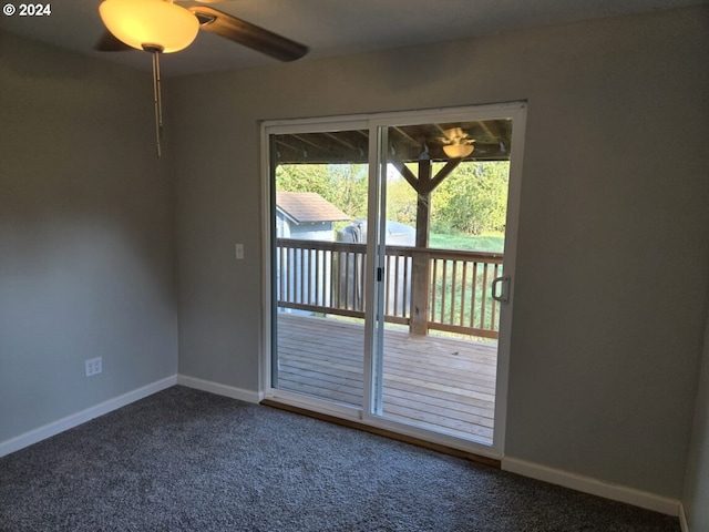 doorway to outside featuring carpet and ceiling fan