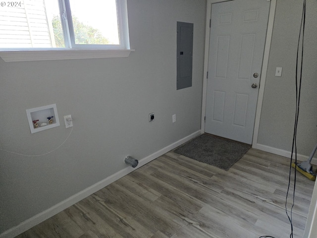 laundry room with hookup for a washing machine, electric panel, light wood-type flooring, and electric dryer hookup