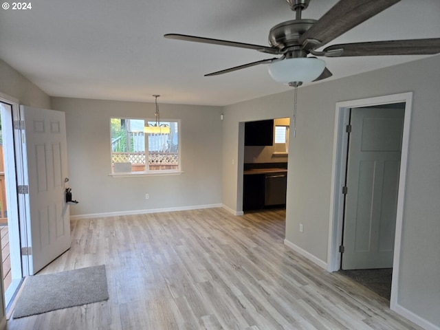 unfurnished room with ceiling fan and light wood-type flooring