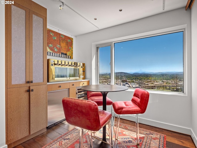 dining room with a mountain view and dark hardwood / wood-style floors