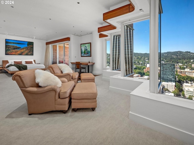 carpeted living room with a mountain view