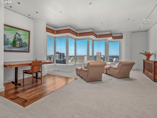 living room with light wood-type flooring, track lighting, crown molding, and decorative columns