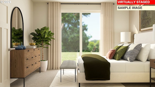 bedroom featuring light colored carpet