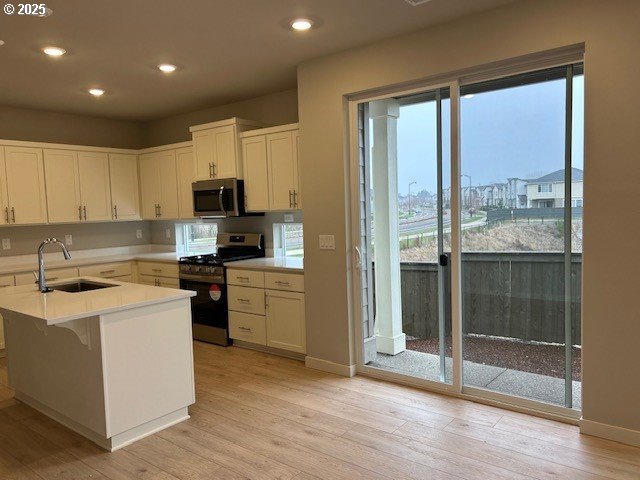 kitchen with kitchen peninsula, light hardwood / wood-style flooring, stainless steel appliances, white cabinetry, and sink