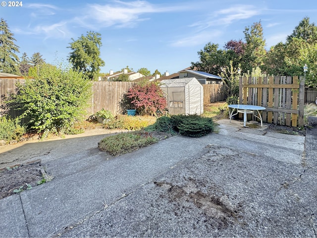 view of patio / terrace featuring a shed