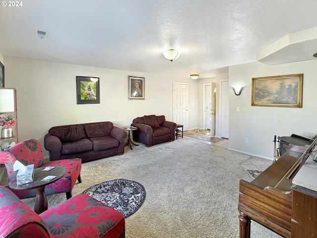 living room featuring light carpet and a textured ceiling