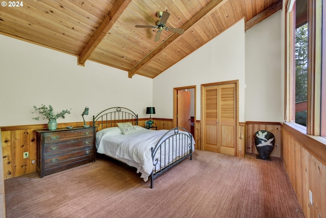 carpeted bedroom featuring wooden ceiling, high vaulted ceiling, wooden walls, ceiling fan, and beam ceiling