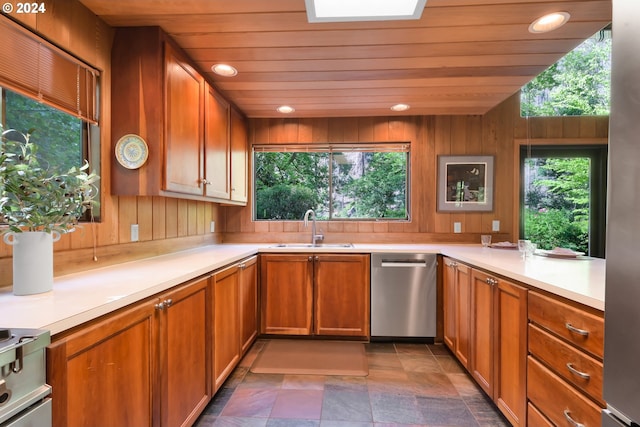 kitchen with wood walls, sink, a wealth of natural light, and stainless steel appliances