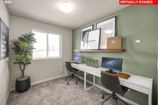 carpeted office space with a textured ceiling