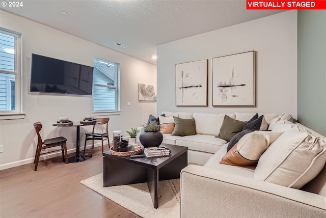 living room with a textured ceiling and hardwood / wood-style flooring