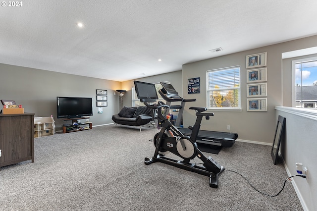 exercise area featuring a textured ceiling, carpet floors, and plenty of natural light