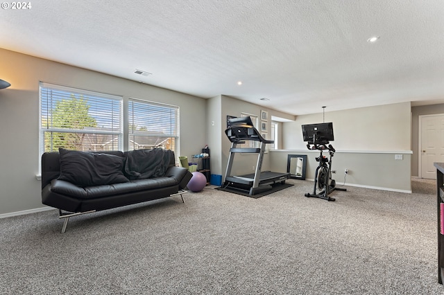 exercise room with carpet flooring and a textured ceiling