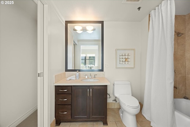 bathroom with visible vents, toilet, tile patterned flooring, shower / bath combo with shower curtain, and vanity